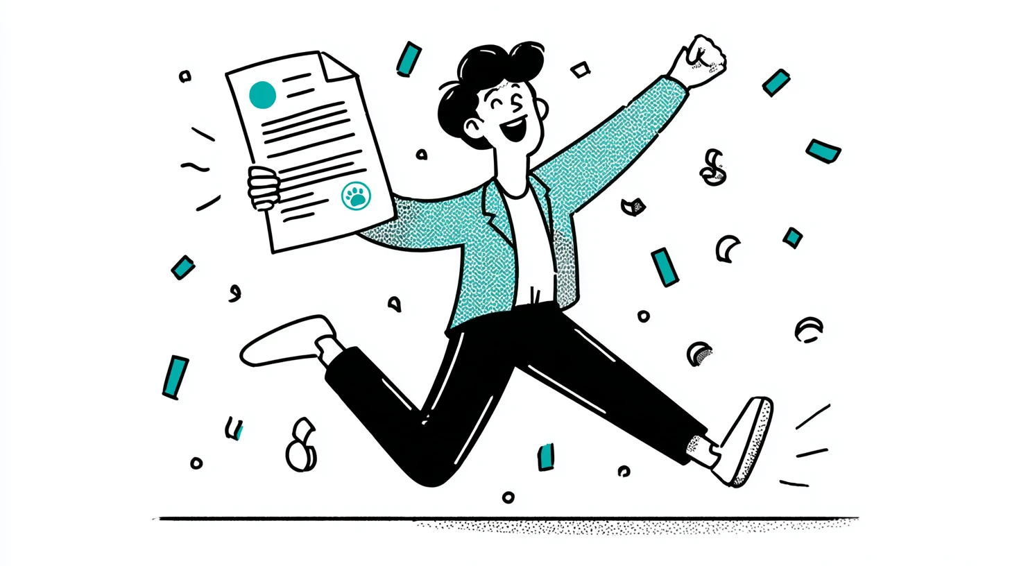 Person jumping joyfully with approval letter