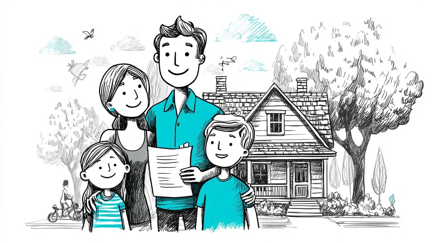 Family in front of repaired home celebrating with loan documents