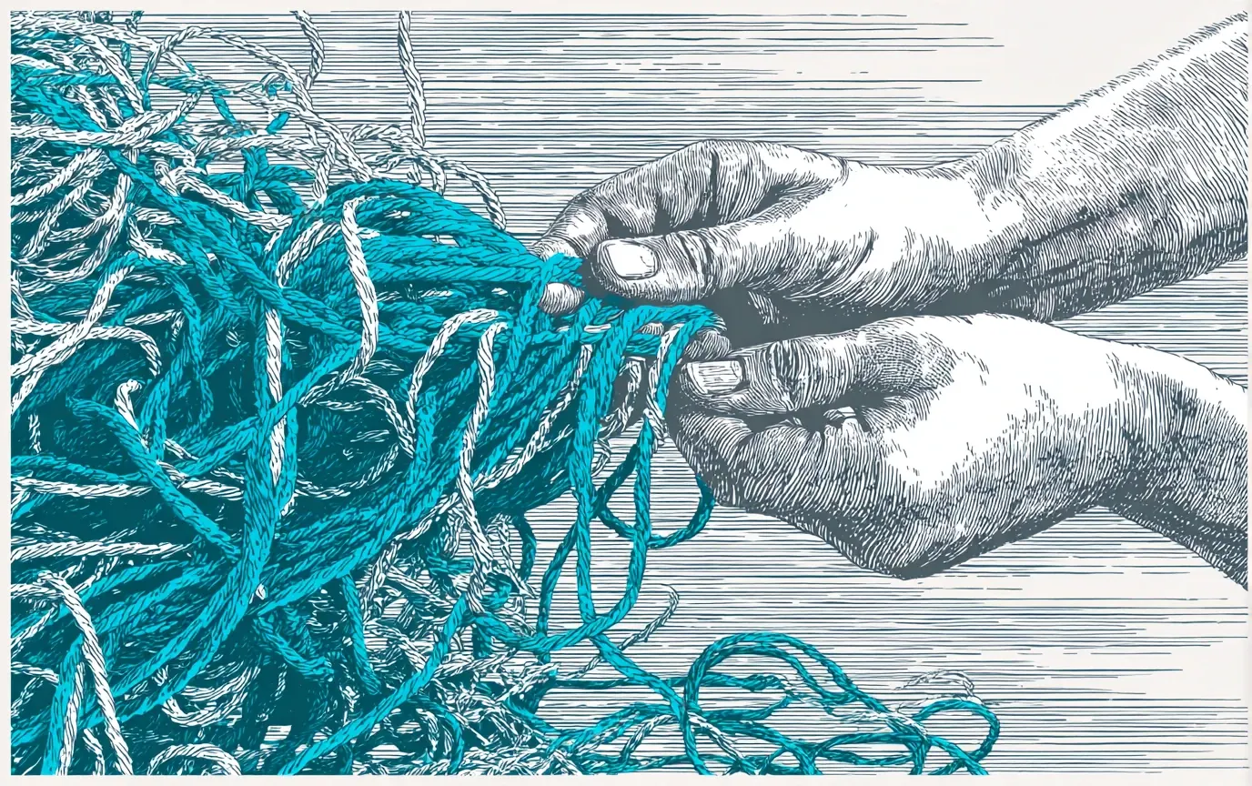 Debt consolidation illustration with tangled strings becoming one