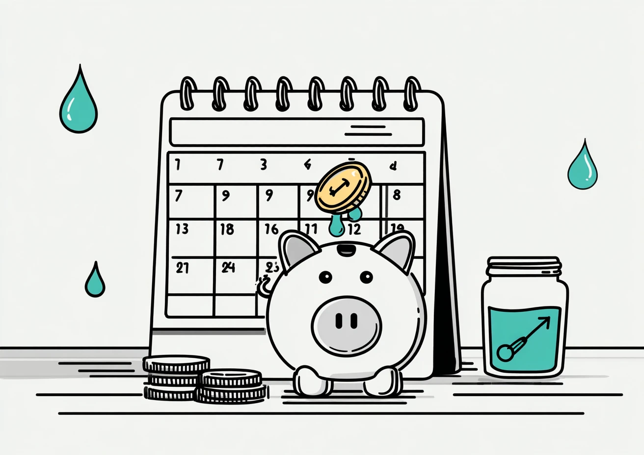 Calendar with coin dropping into piggy bank showing monthly repayment