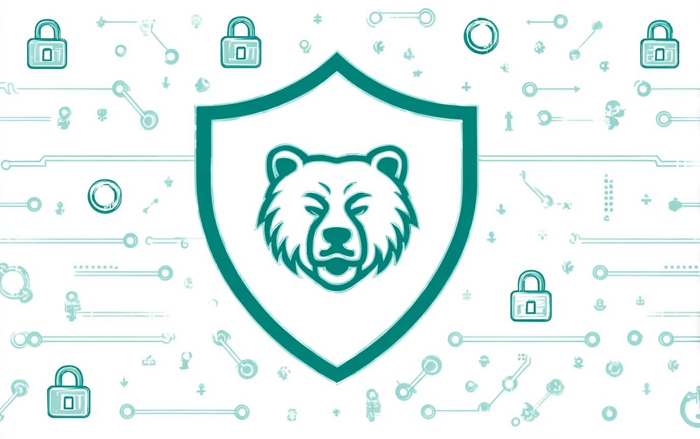 Shield with bear paw emblem surrounded by security symbols